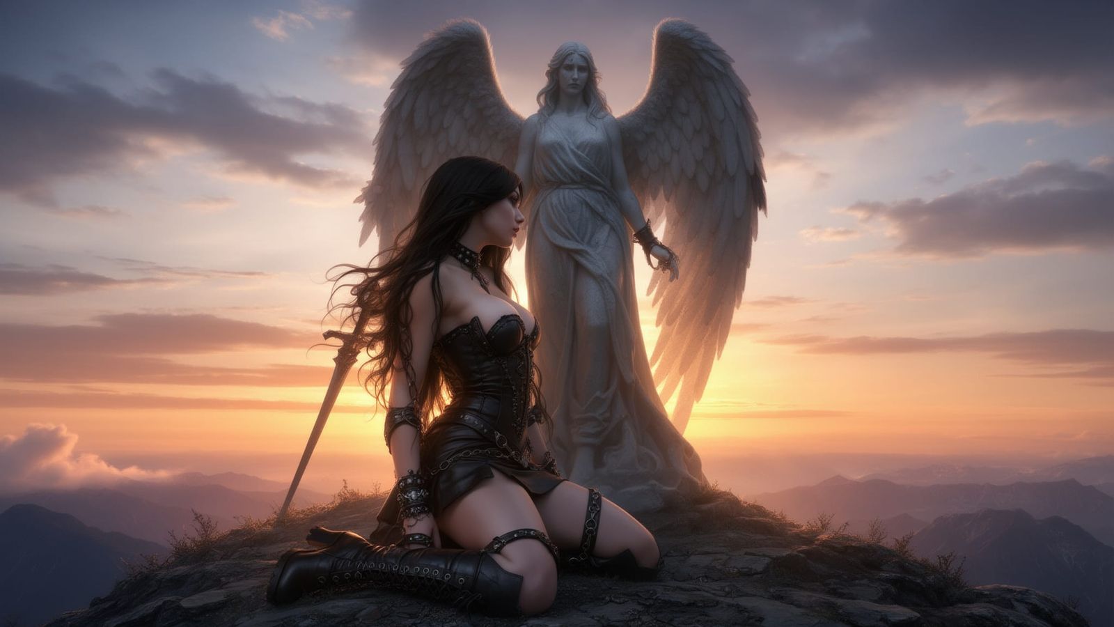 Gothic Angel Goddess Statue with Sorrowful Figure