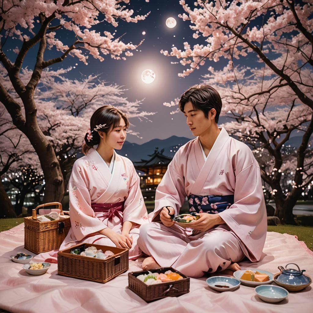 Romantic Picnic Under Cherry Blossom Tree in Anime Style
