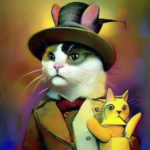 Cosmic Horror Cat in Hat Holding Rabbit
