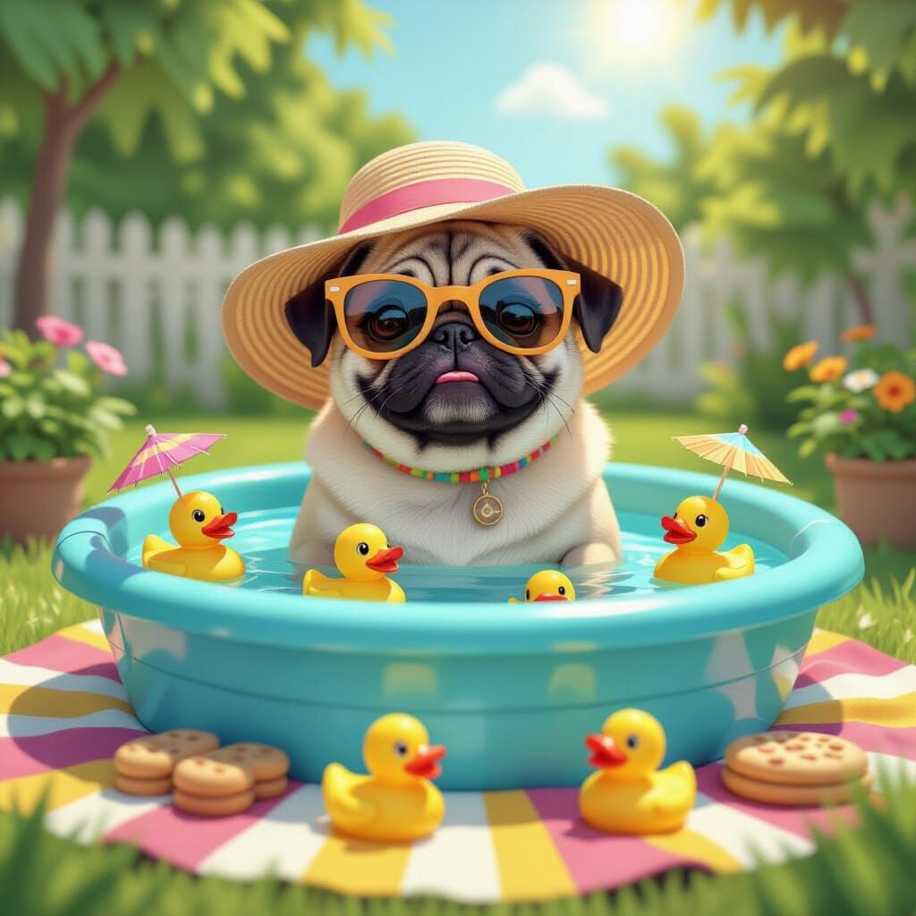 Pug in Sunglasses in Kiddie Pool, Playful Digital Art