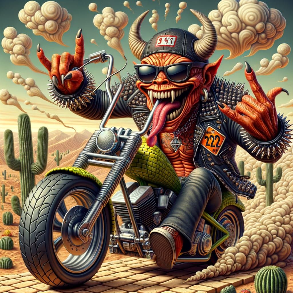 Hyper-Realistic Demon Rides Motorcycle in Desert Landscape