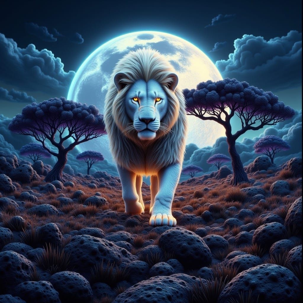 Ethereal White Lion Prowls Under Moonlight: Digital Matte Pa...