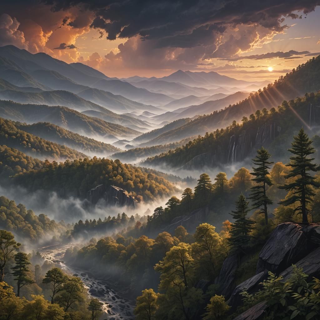 Smoky Mountains Sunset: Detailed Matte Painting