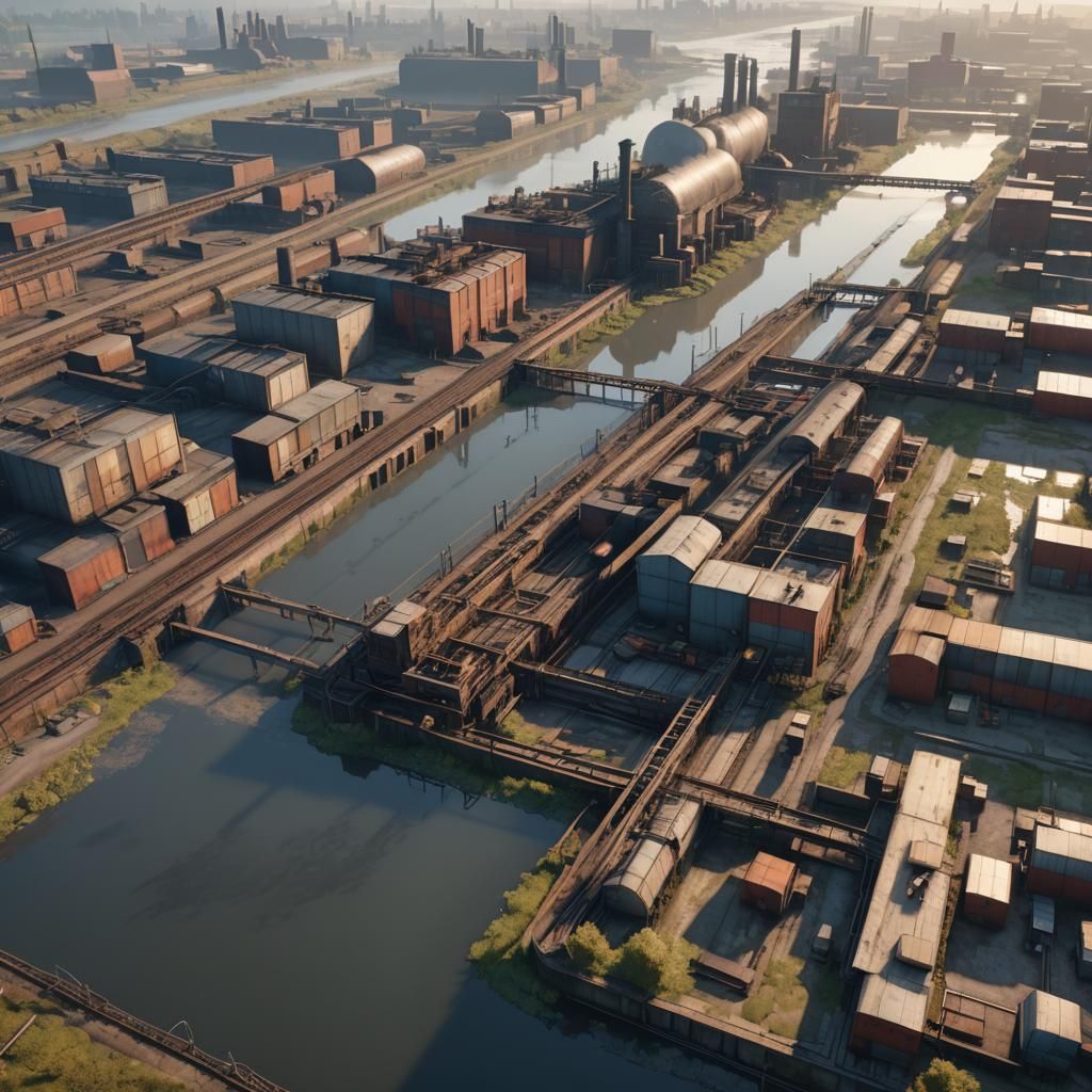 Dystopian Industrial River Landscape in Cinematic 3D