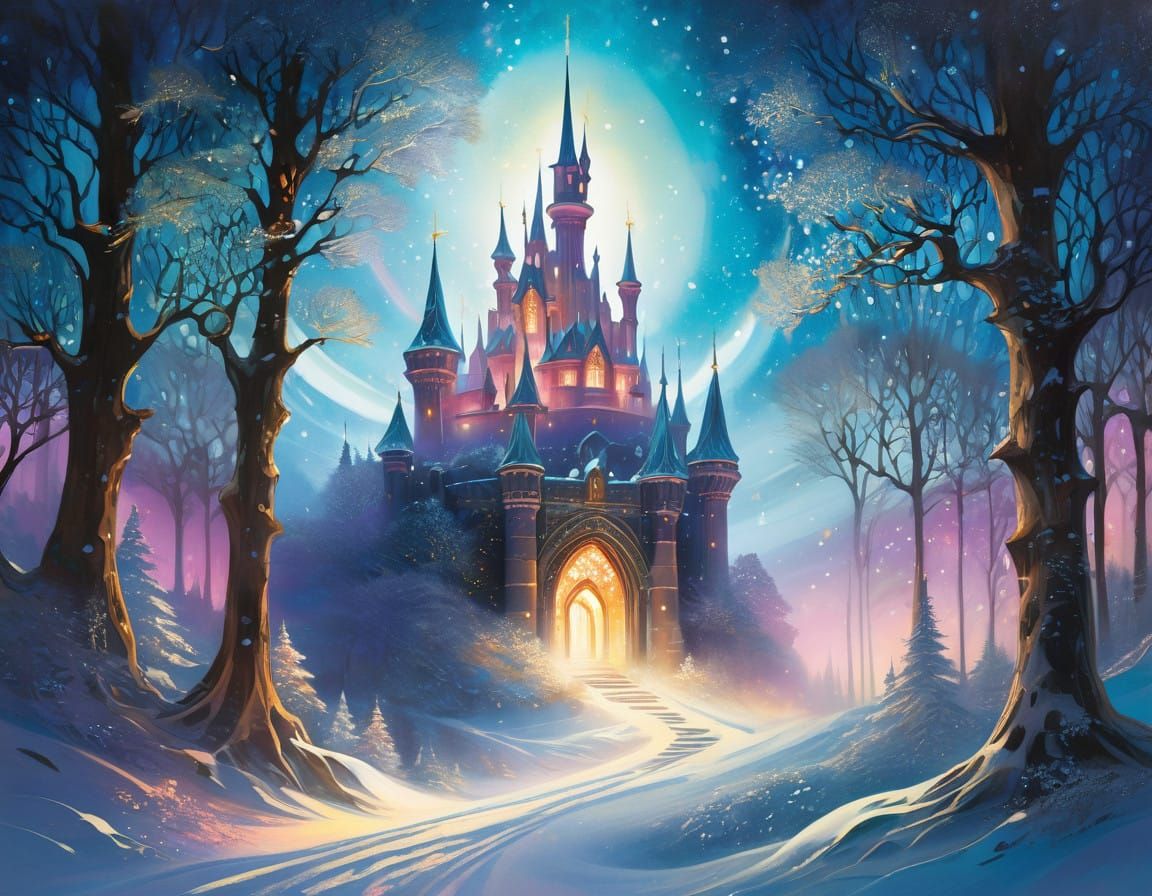 Winter's Whispering Castle in Enchanted Illumination