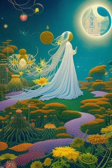 Celestial Woman in Surreal Flower Bed