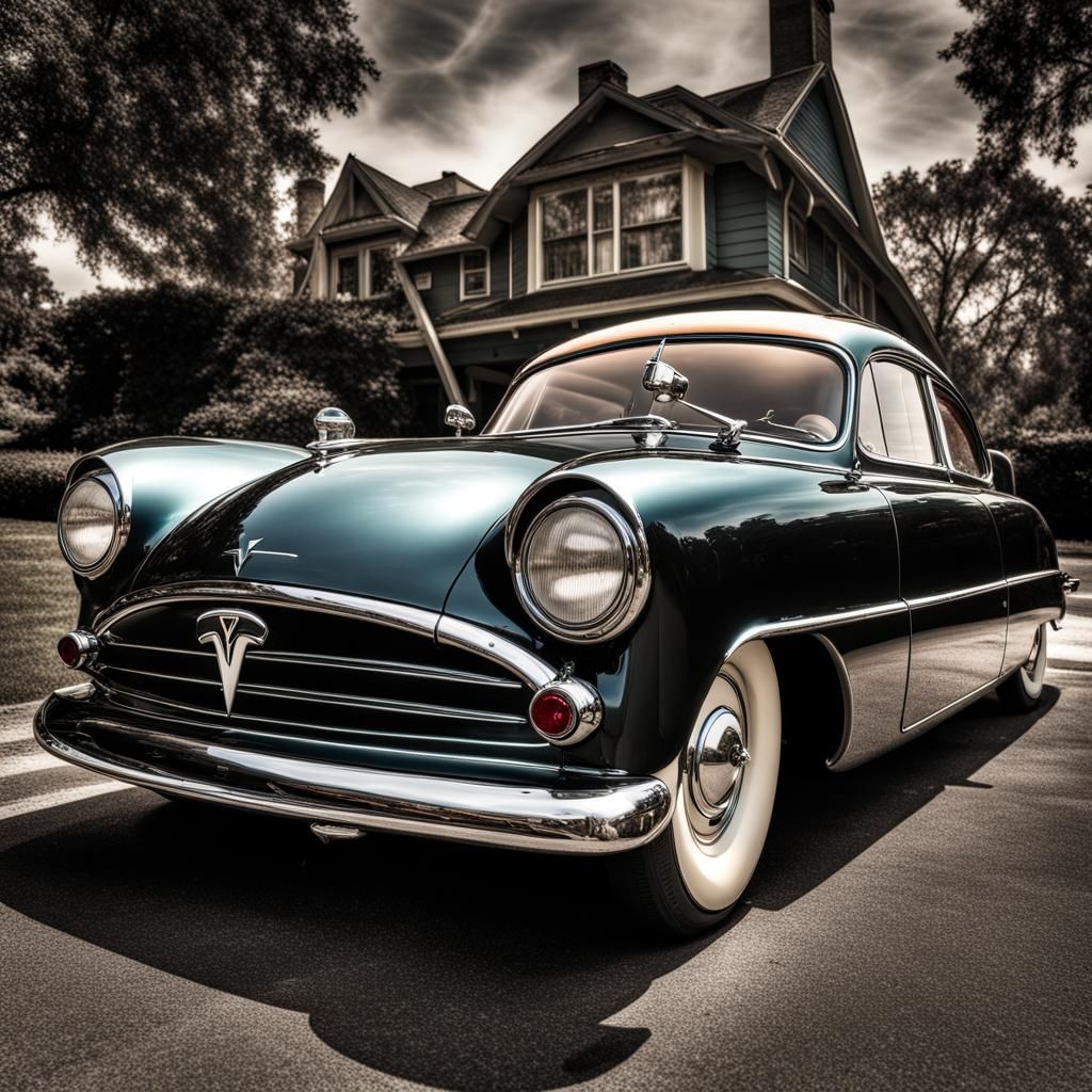 1950s Tesla Electric Car: Hyperrealistic Photograph