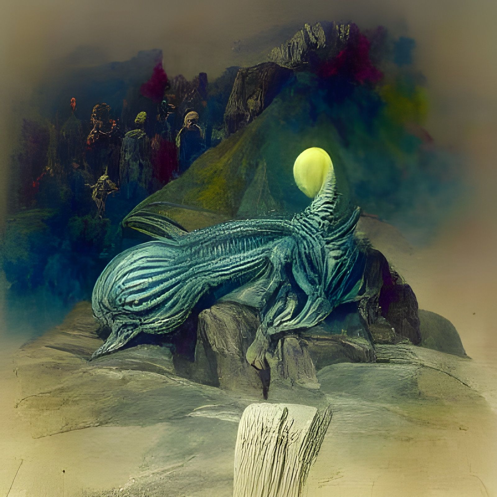 Alien Sculpture at Night in Watercolor Style