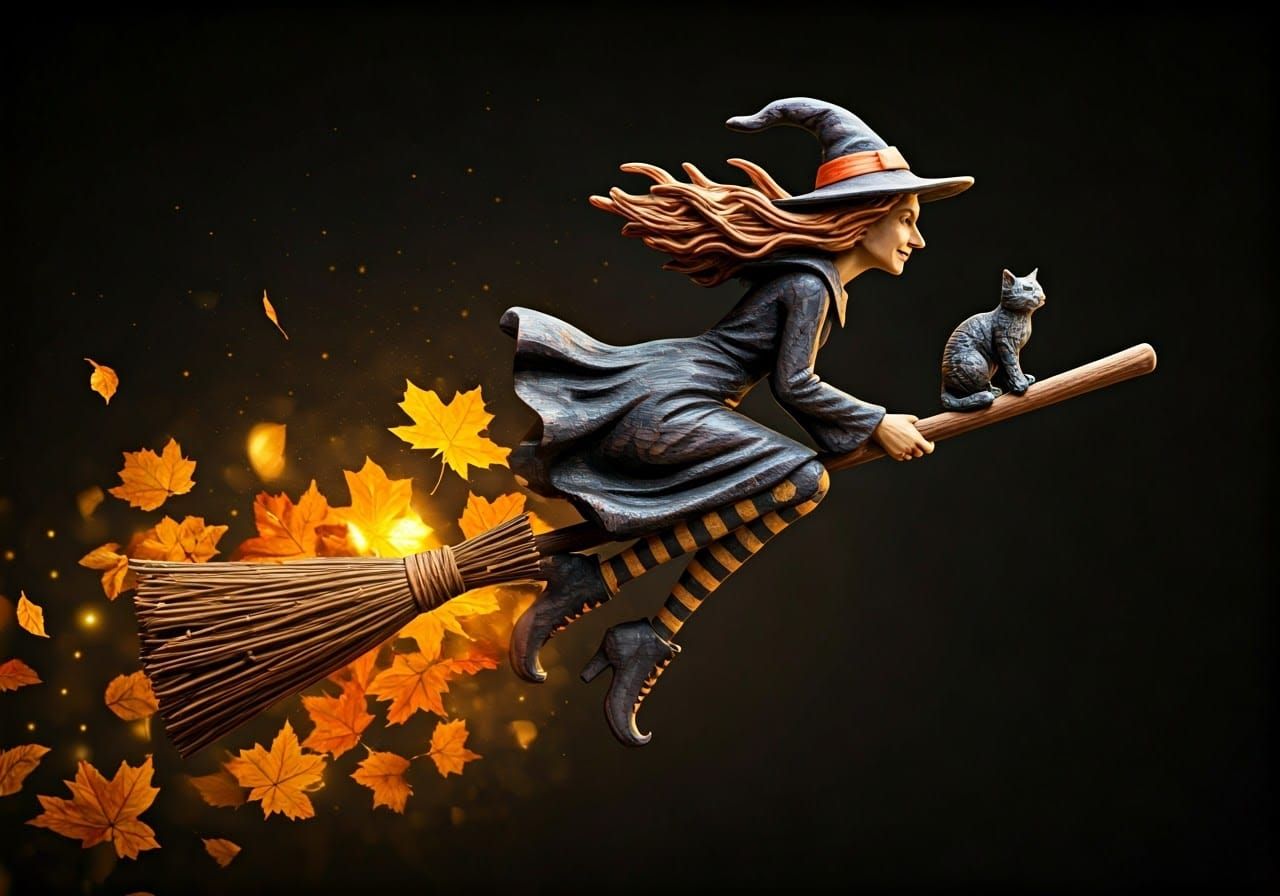Wood Sculpture: Witch and Cat Soaring in Autumn