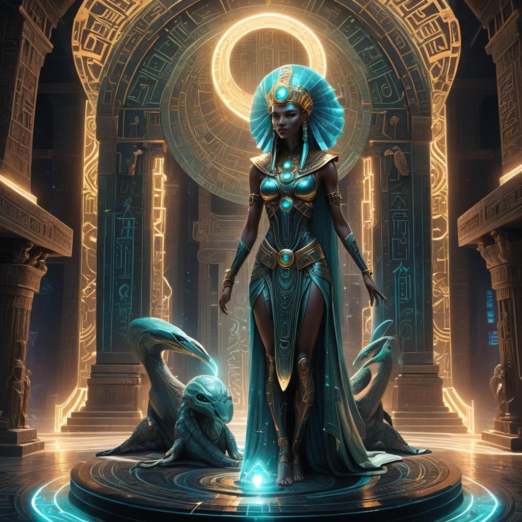 Futuristic Alien Goddess Thoth in Mystical Temple