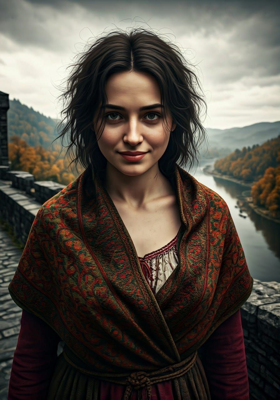 Renaissance Woman on Castle Battlements in Oil