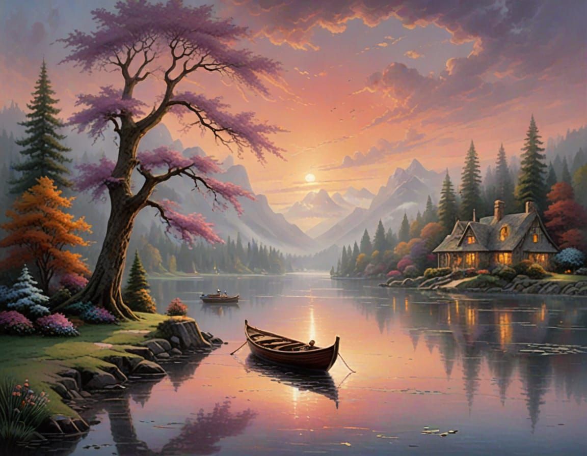 Impasto Oil Painting of Serene Lake at Sunset