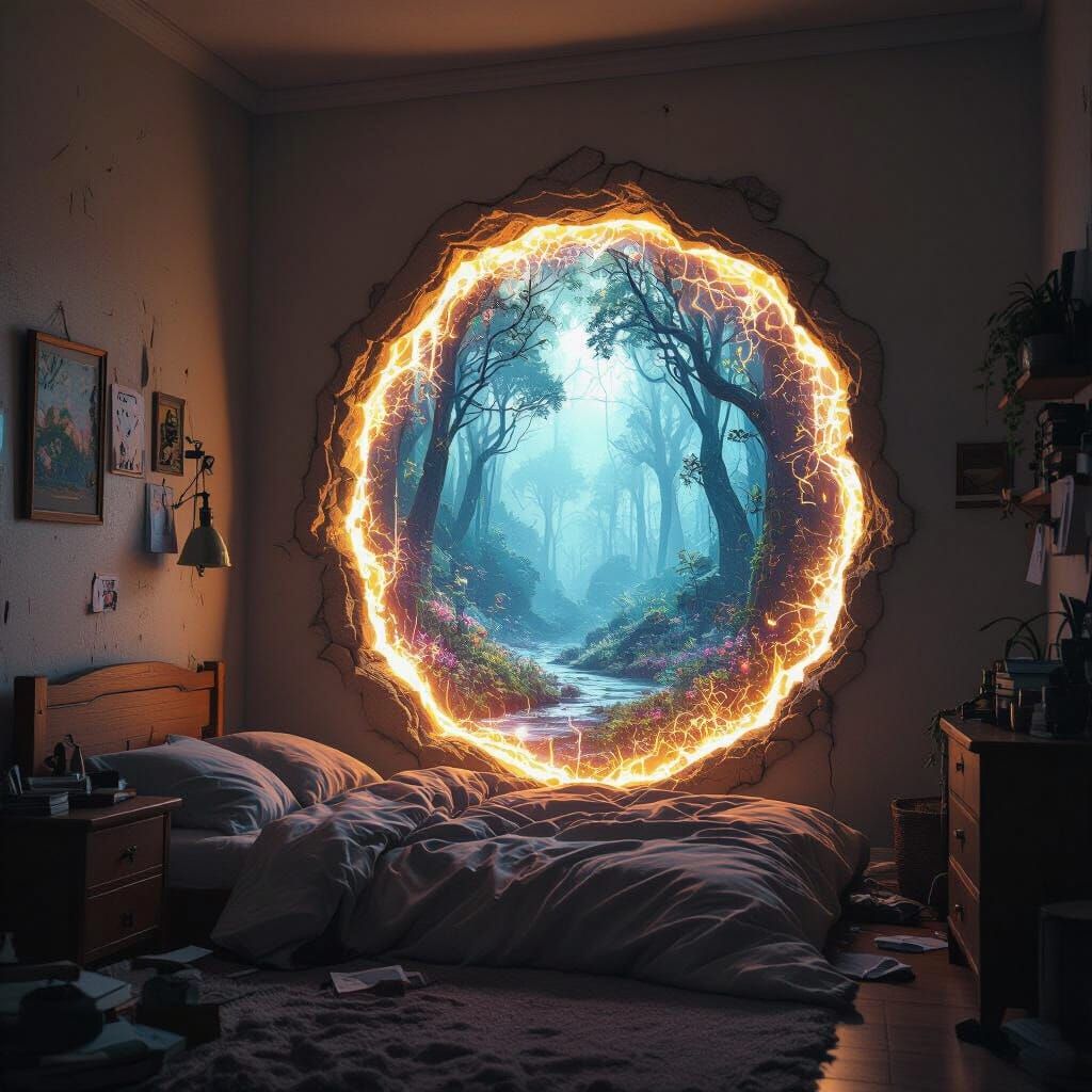 Ethereal Forest Portal Appears in Messy Bedroom