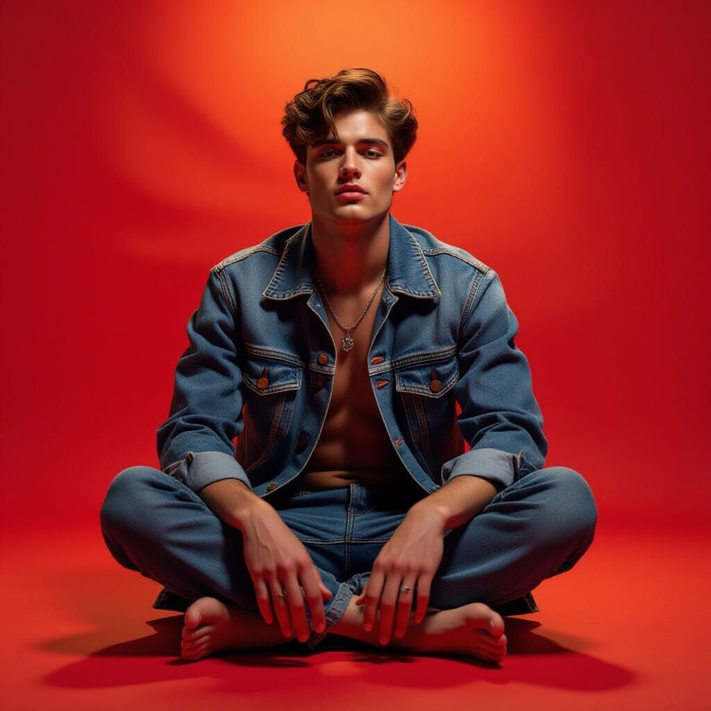 Male Model Singer in Red Studio, Cinematic Style