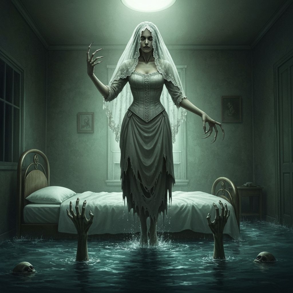 Chilling Horror Scene: Woman Levitating in Flooded Room