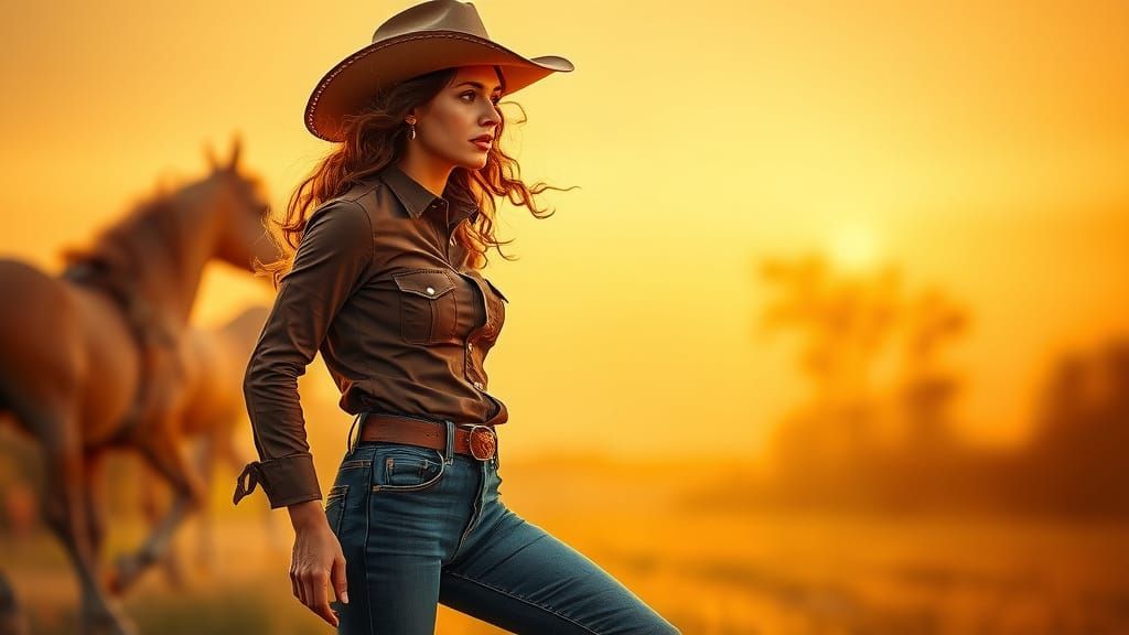 A Woman in Classic Western Attire Poses in a Golden Sunset