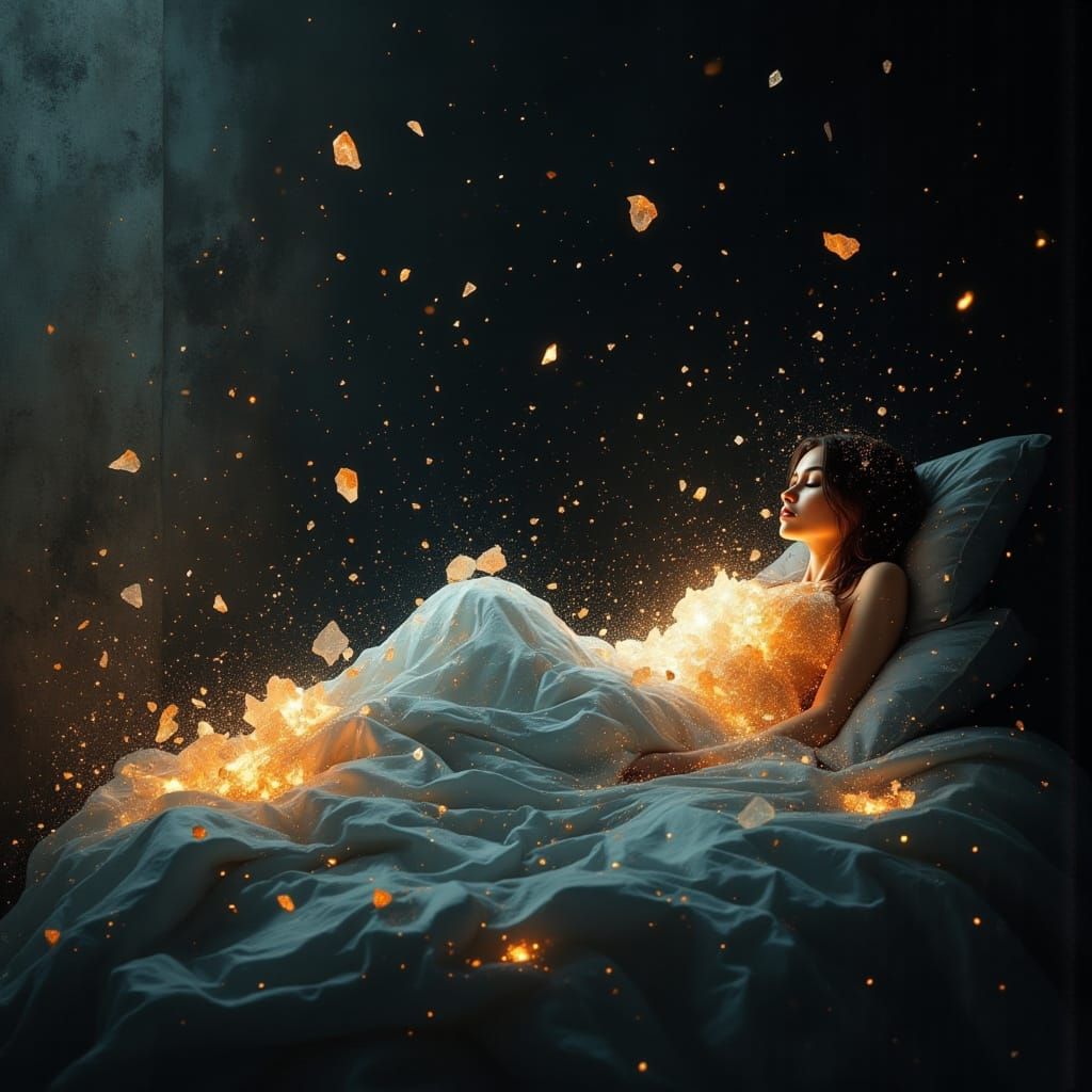 Crystalline Woman in Bed: Surreal Cinematic Art