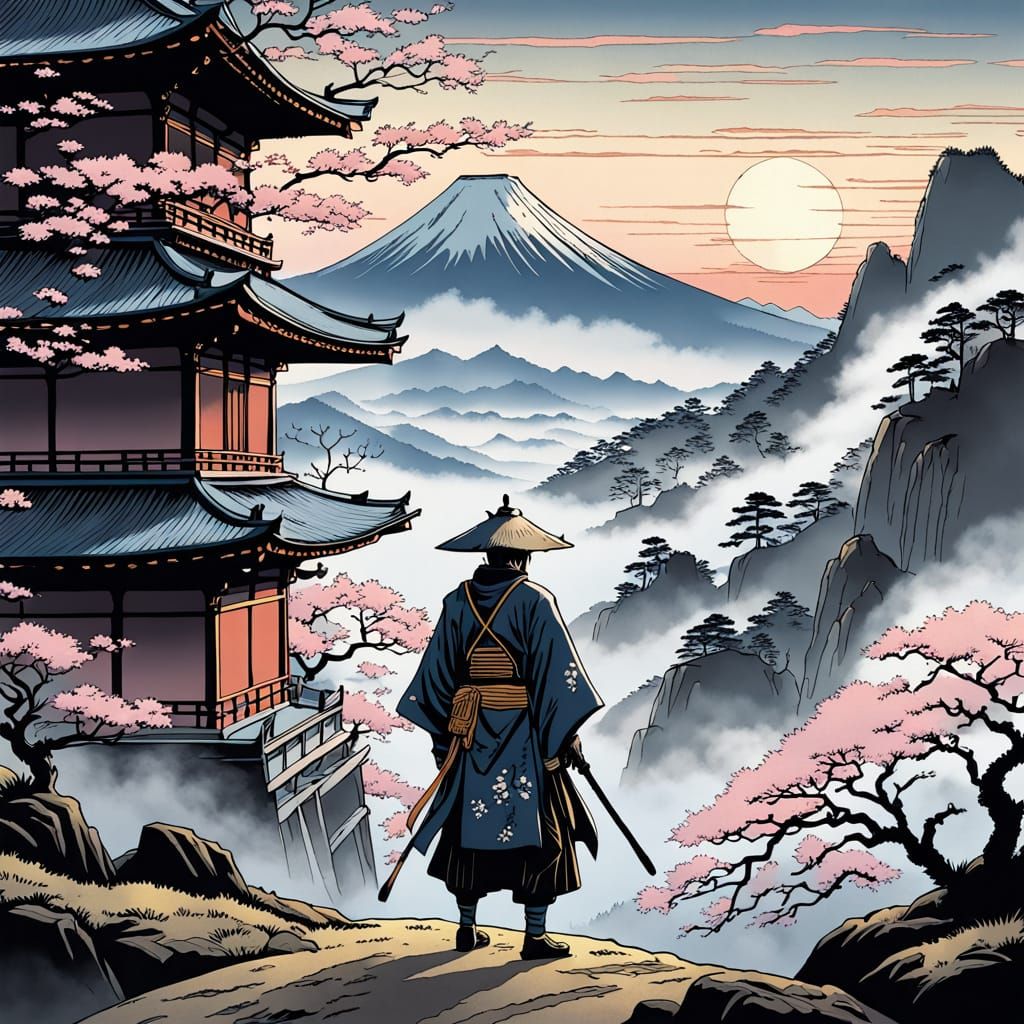 Samurai in Misty Mountain Landscape