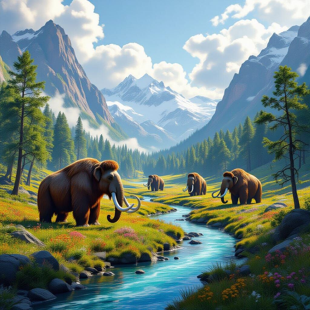 Woolly Mammoths Graze in Lush Prehistoric Valley: Matte Pain...