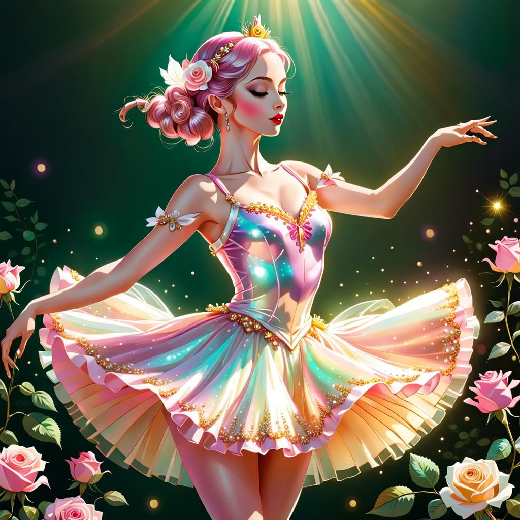 Fairy Ballerina Dances on Rose in Fairycore Style