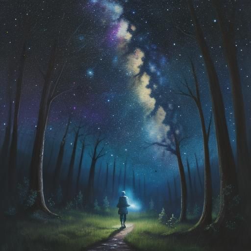 Traveller Gazes at Galaxy in Moonlit Woods