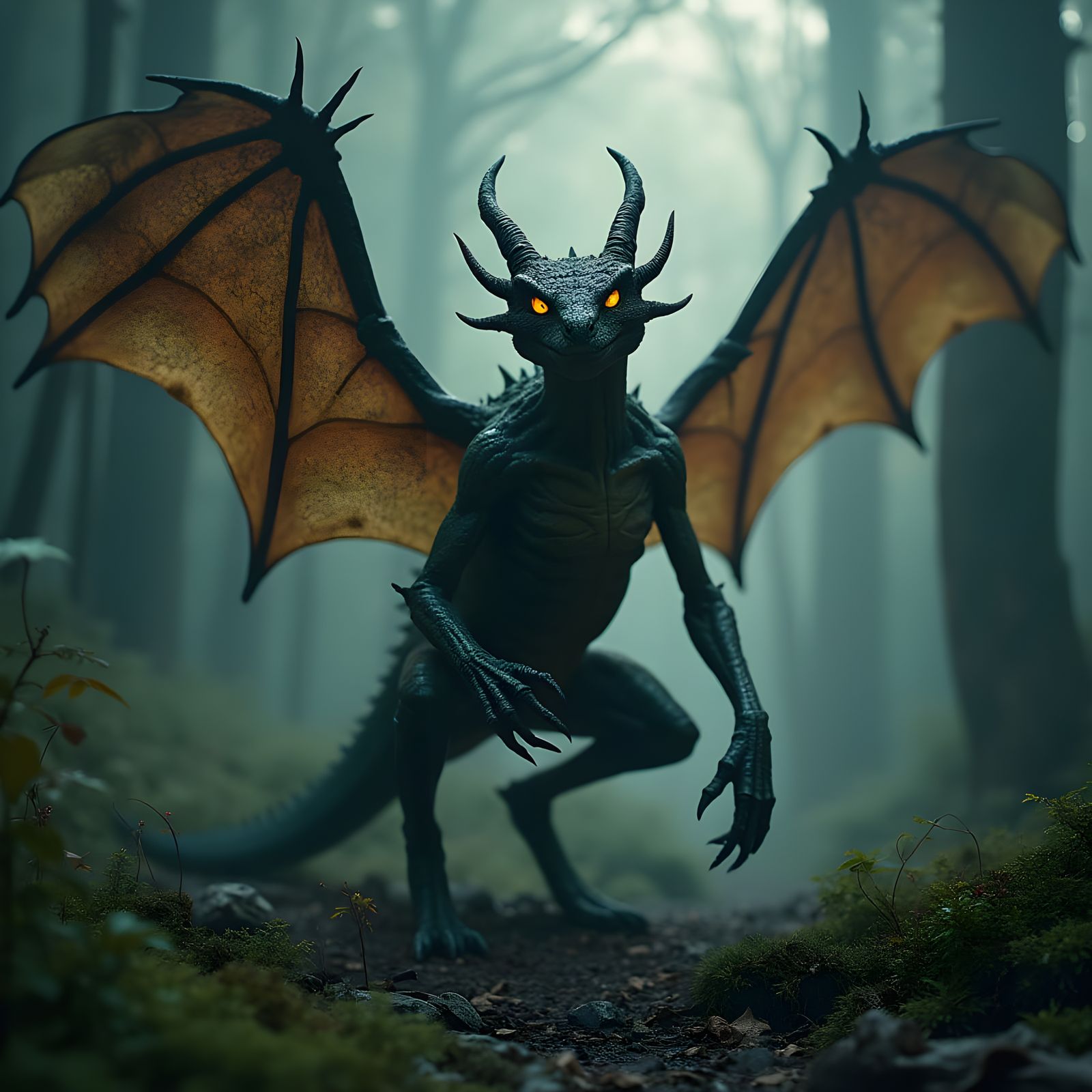 Dragon in Misty Forest: Detailed Matte Painting