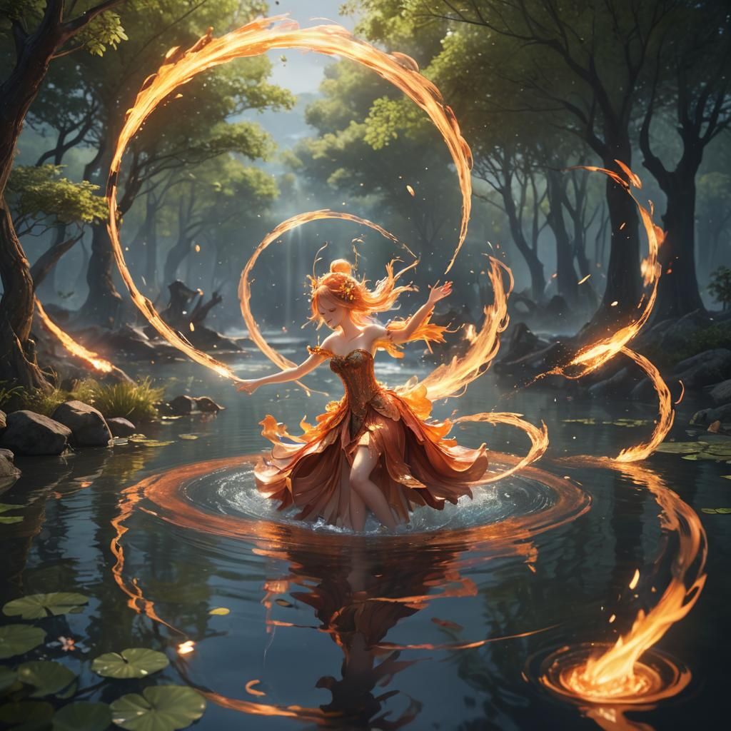 Dancing Fire Fairy Swirling with Water in Pond
