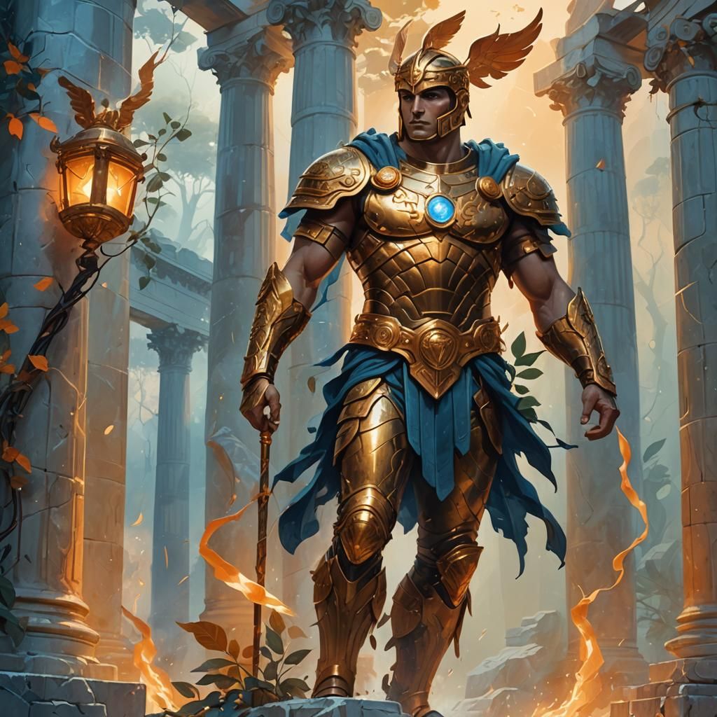 Hermes in Ancient Greek Temple: Oil Painting