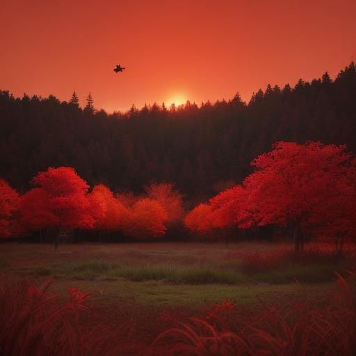 Sci-fi military base, Red jungle, close orbit of a red star in the sky, red leaves, red trees, orange grass, red sky, gl...