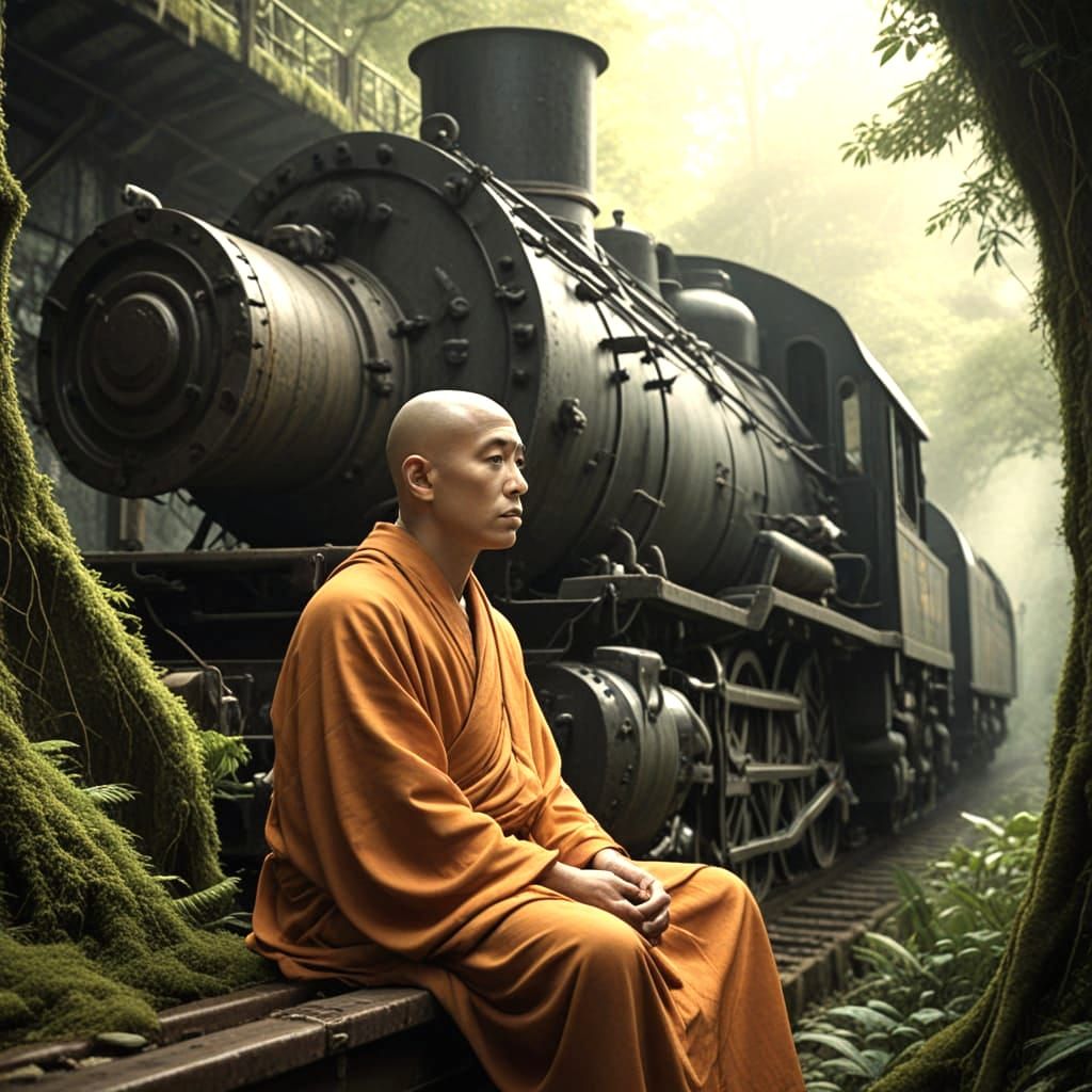 Monk Meditating on Ancient Jungle Train Engine