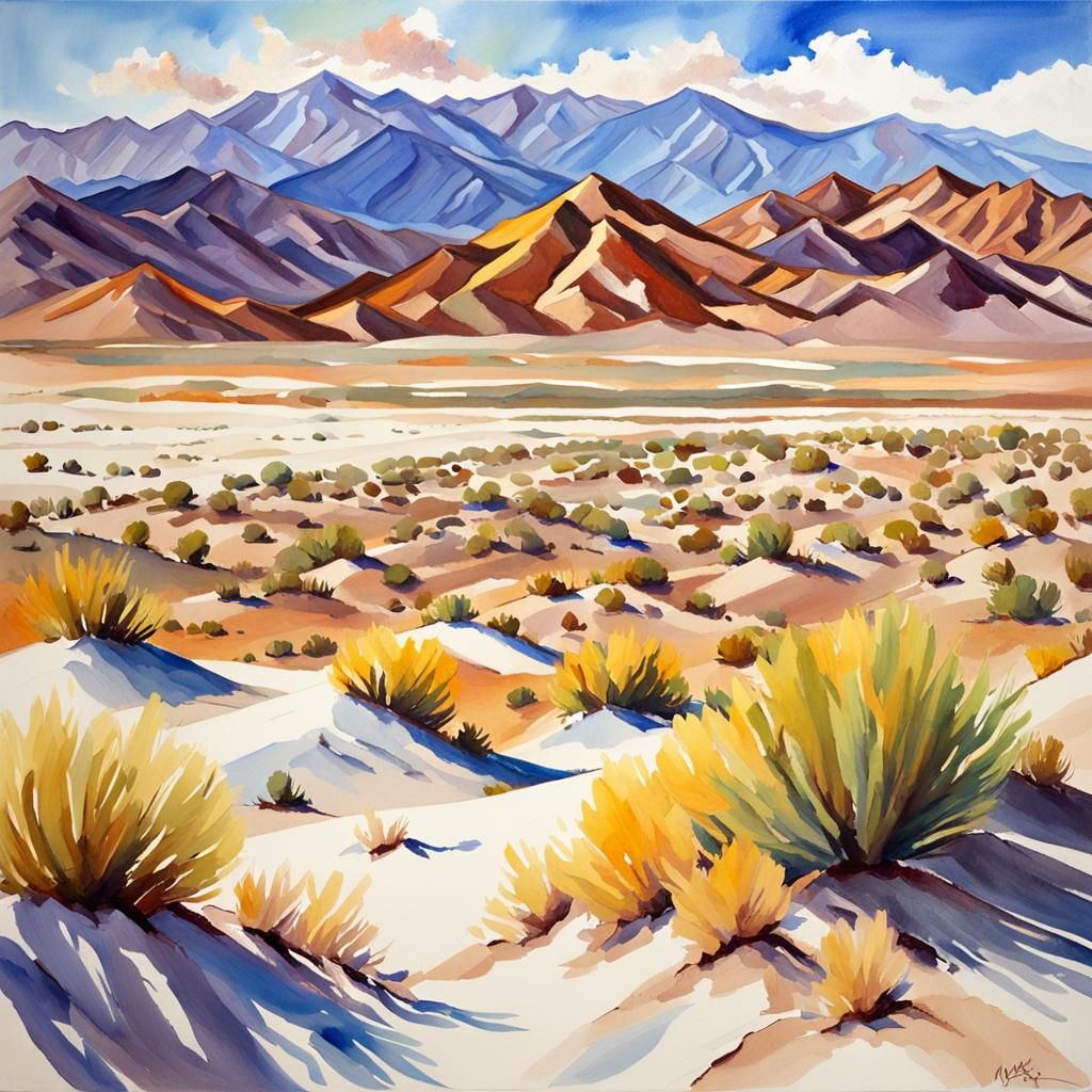 Death Valley Dunes in Spring: Gouache Watercolor Impression