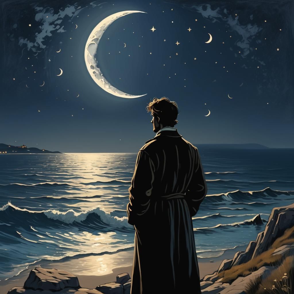 Poet Gazing at Crescent Moon by the Sea