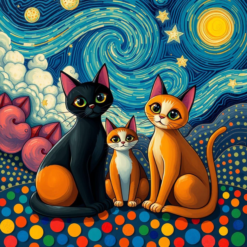 Cubist Cats in Dreamlike Starry Night Scene