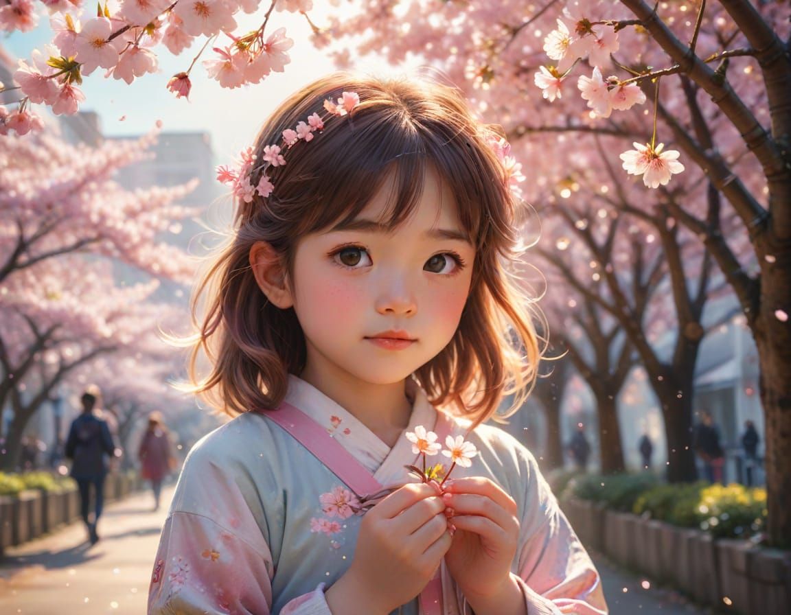 Whimsical Cherry Blossom Girl in Vibrant Watercolor Style