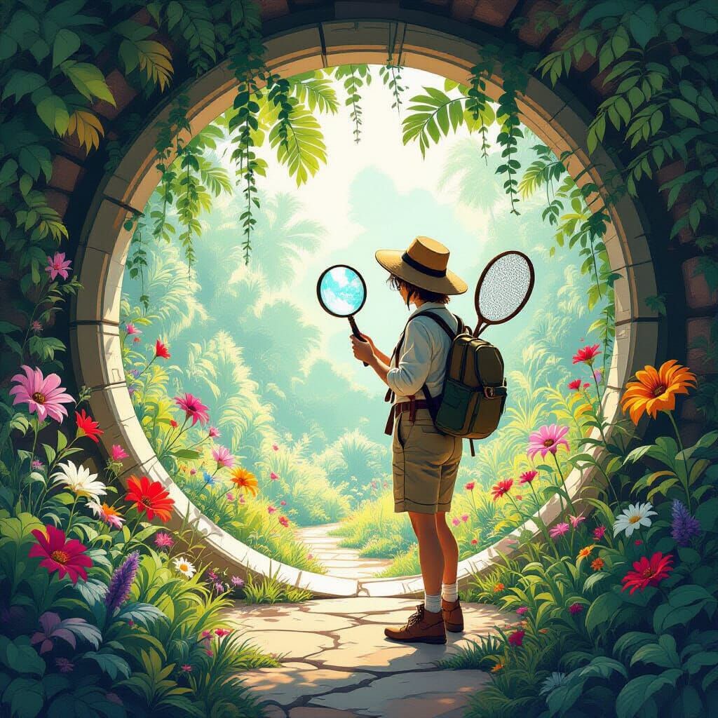 Time-Traveling Botanist in Alien Garden, Arthur Rackham Styl...