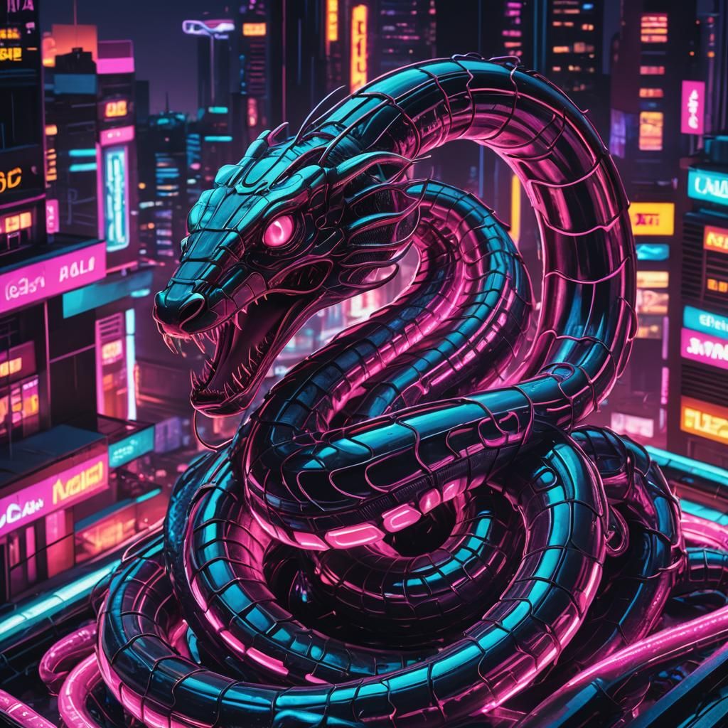 Synthwave Serpent in Retro-Futuristic Cityscape