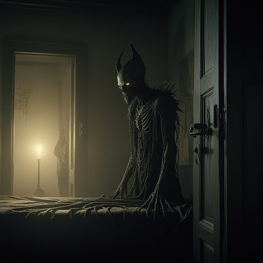 Ethereal, Ultrarealistic Demon Emerges from Shadows, Eyes Bu...