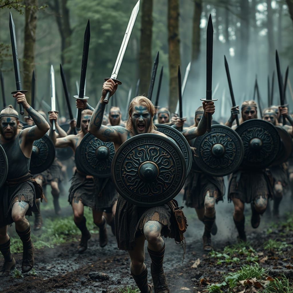 Celtic Warriors Charge in Hyperrealistic Forest Ambush