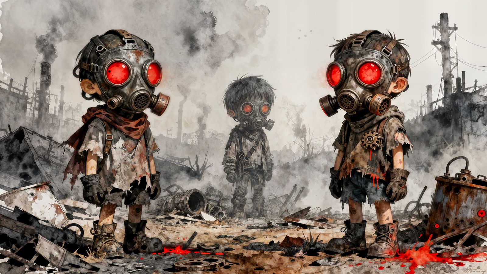 Creepy Cute Post-Apocalyptic Children in Grunge Watercolor
