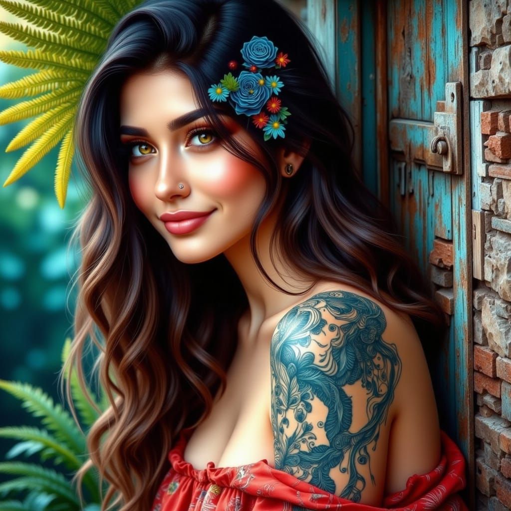 Modern Woman with Maori Fern Tattoo in Impasto Colors