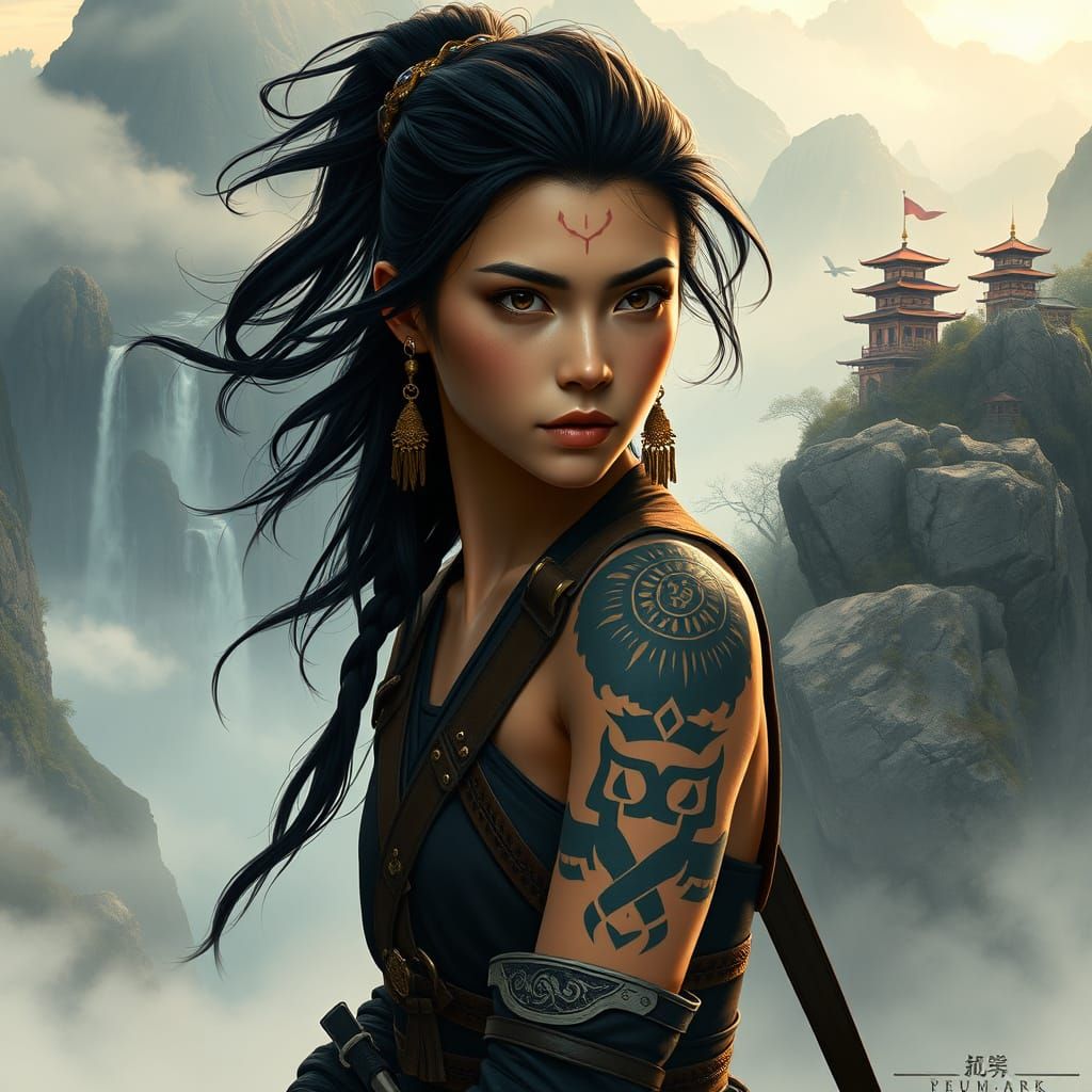 Enigmatic Tibetan Warrior Woman in Majestic Mountain Landsca...