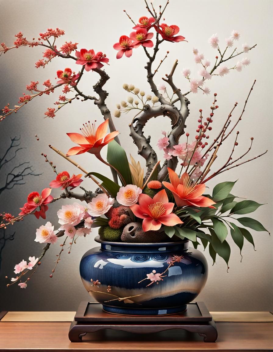 Ikebana Arrangement in Japanese Watercolor Style