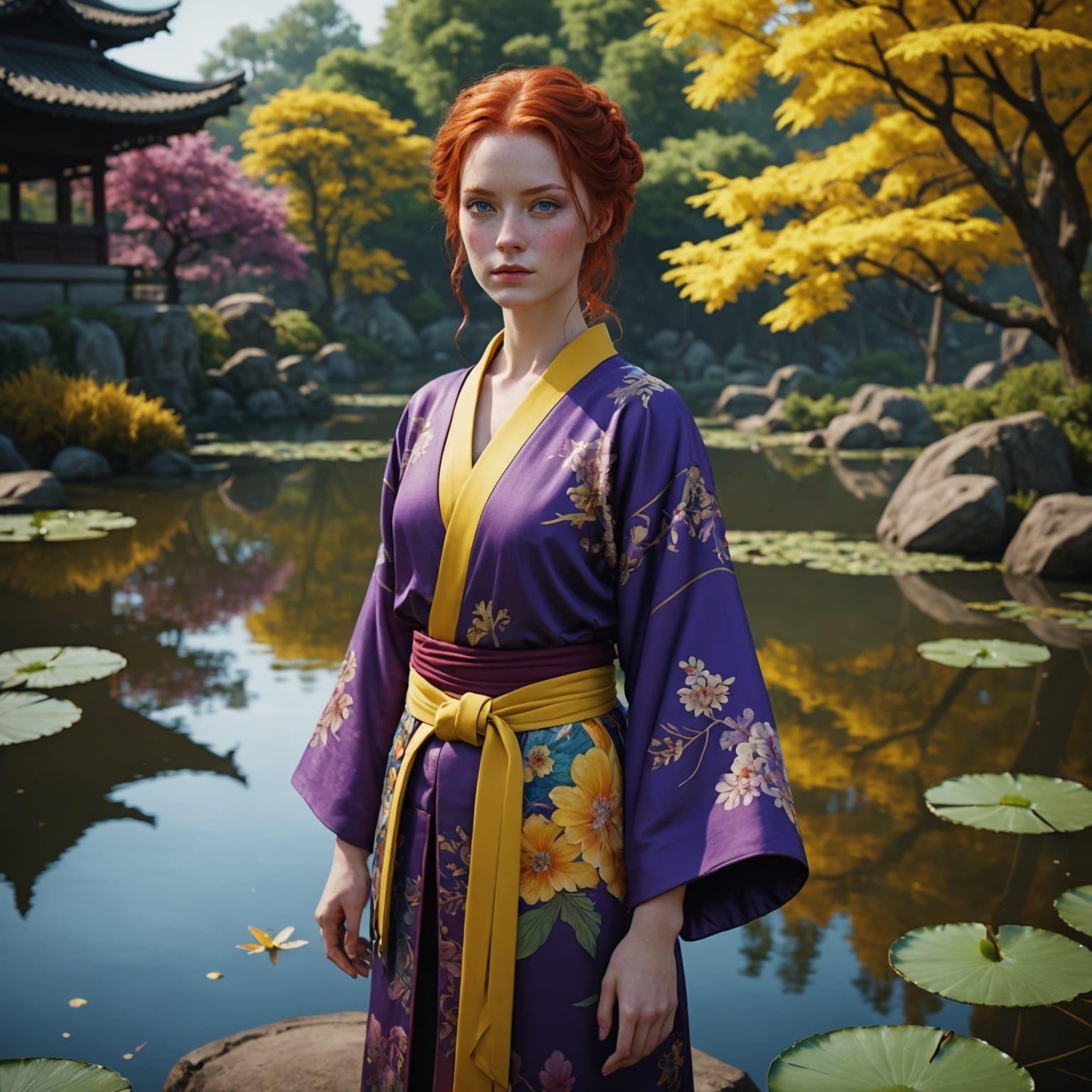 Woman in Yellow Kimono, Detailed Matte Painting