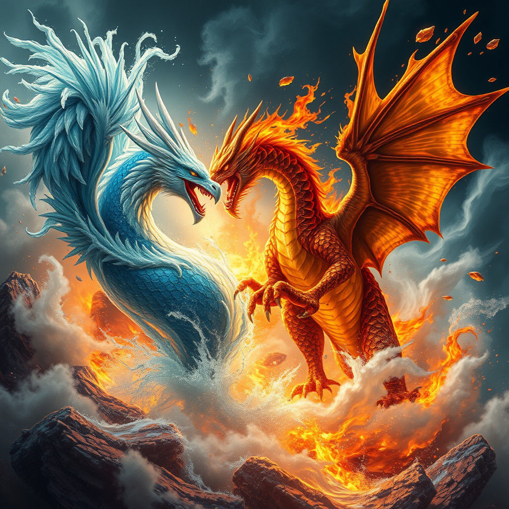 Fire Dragon vs Water Griffin in Matte Painting