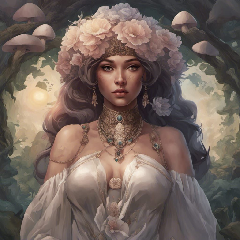 Mushroom Woman Portrait in Moonlight Forest