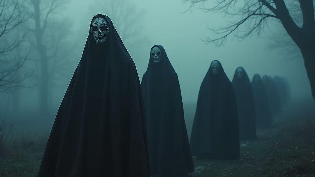 Ethereal Procession in Dark Fog, Victorian Masks