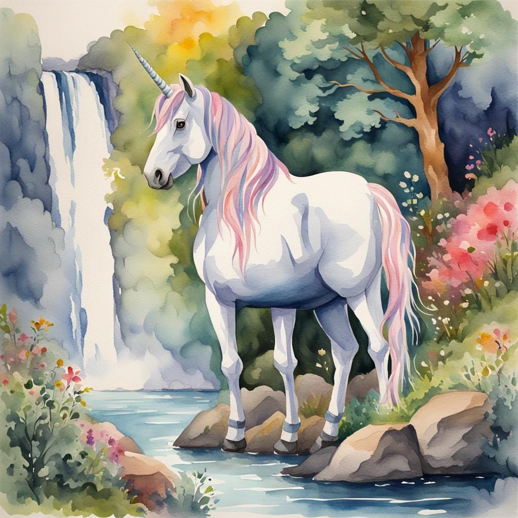 Watercolor Unicorn at Waterfall Scene