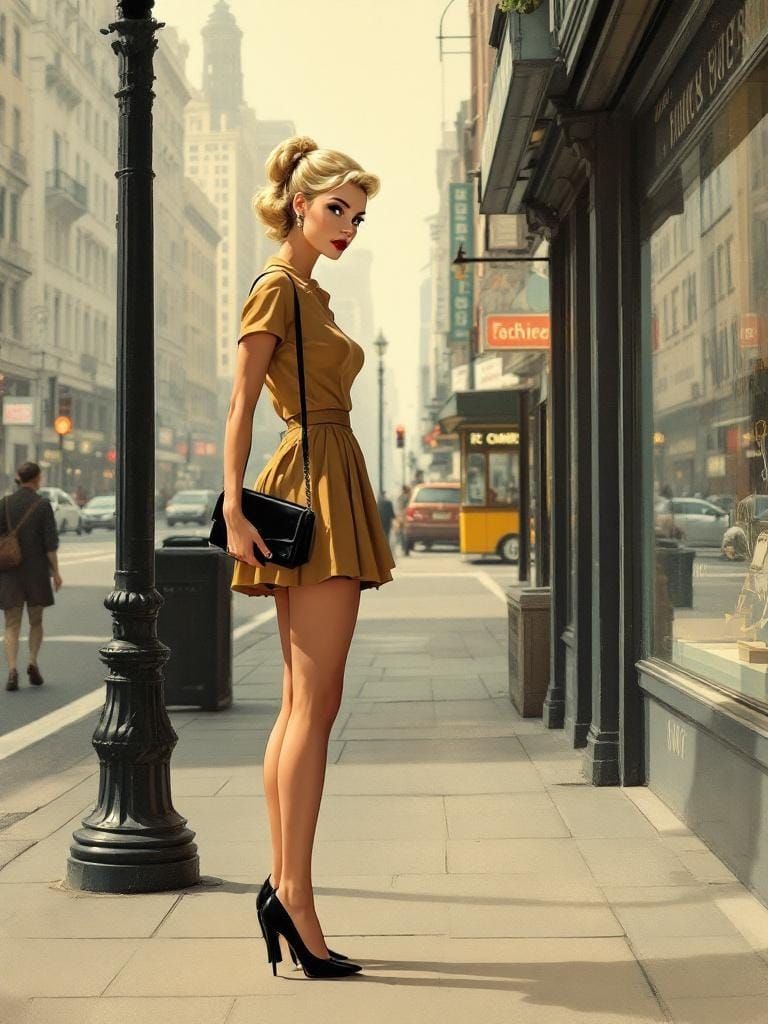 Pin-Up on City Sidewalk in Expressive Realist Style