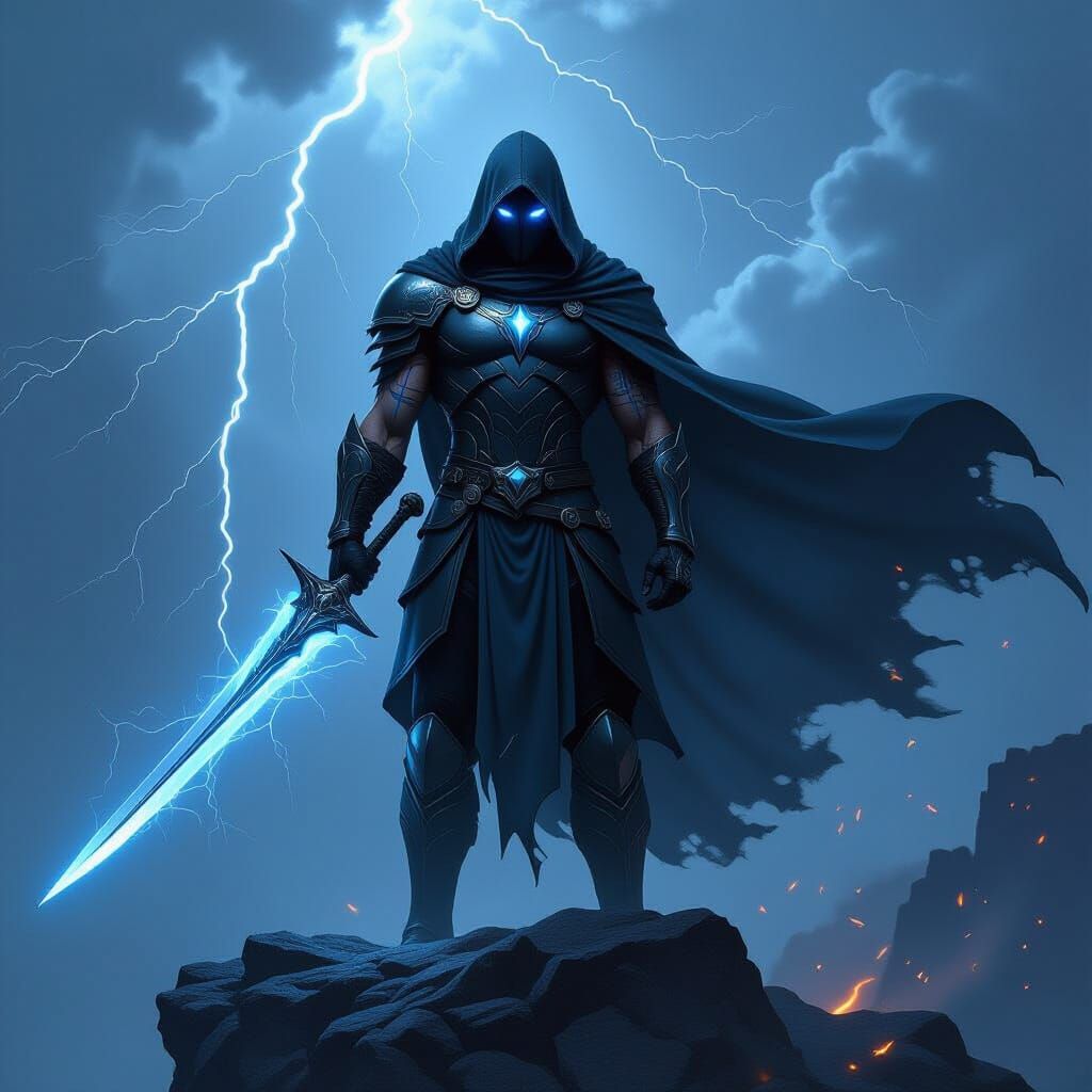 Mysterious Hero on Cliff Under Stormy Sky