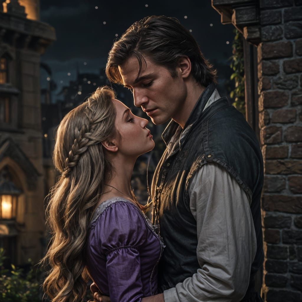 Rapunzel and Flynn Kissing: Hyperrealistic Night Scene